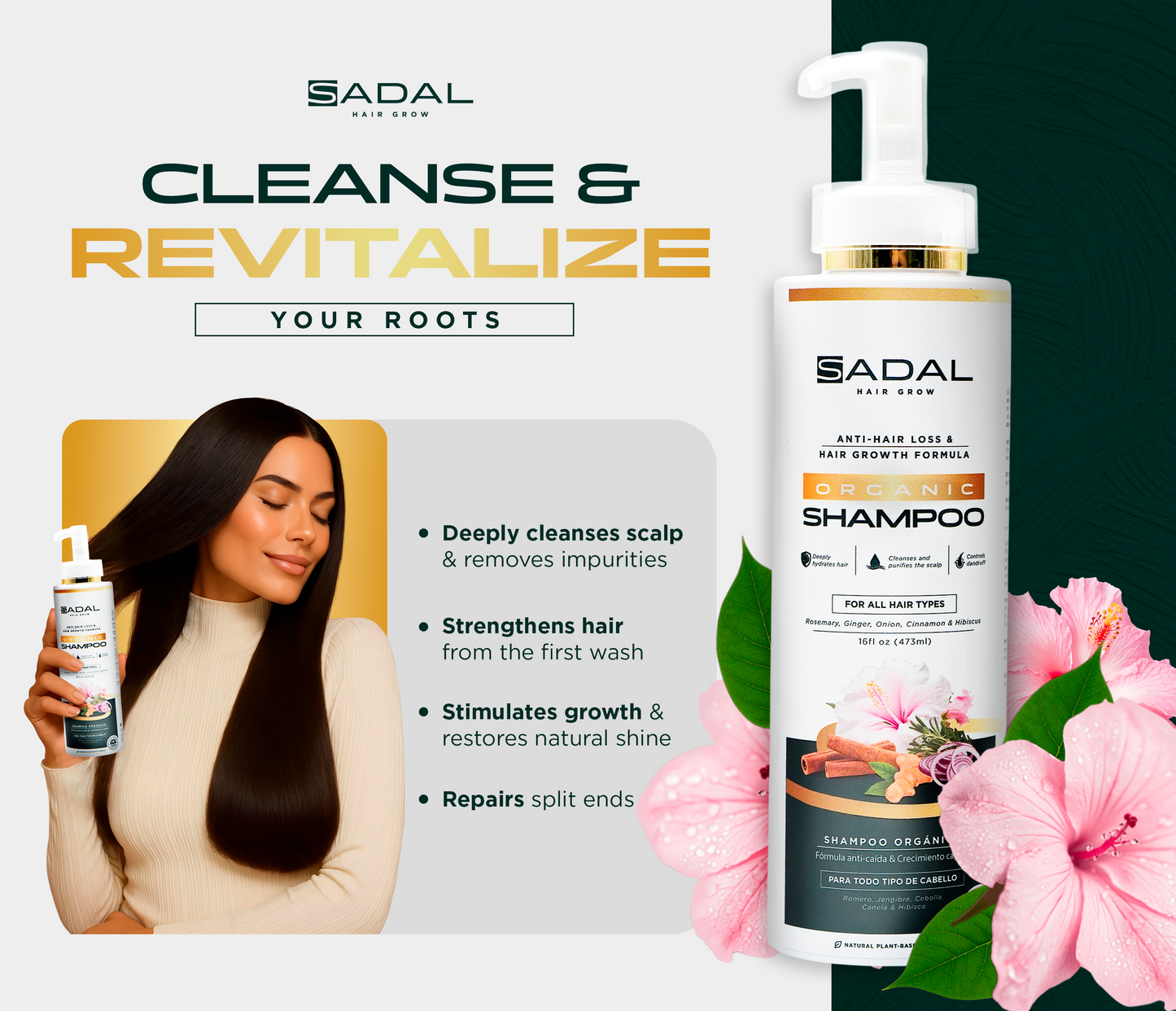 SADAL Organic Hair Growth Shampoo for Women – Strengthening Cleanser with Rosemary, Ginger & Hibiscus for Hair Loss and Scalp Health