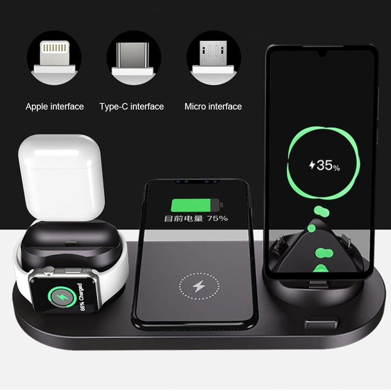 Charger 6 in 1 10w Qi Fast Stand Carga Rapida Dock Station Carregador for Iphone Apple Watch Airpods