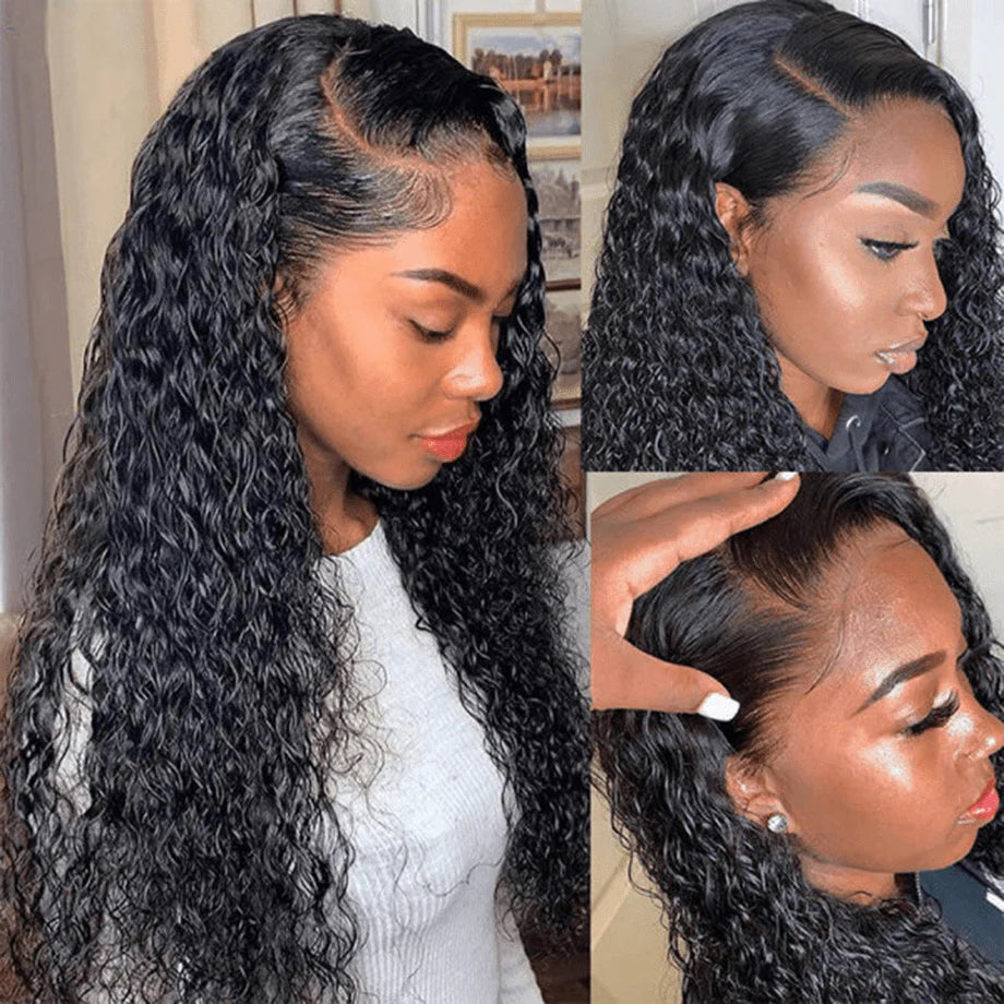 Lace Frontal Wigs 13x4 Water Wave Human Hair Wigs 250% 180% Density #1B Natural Color