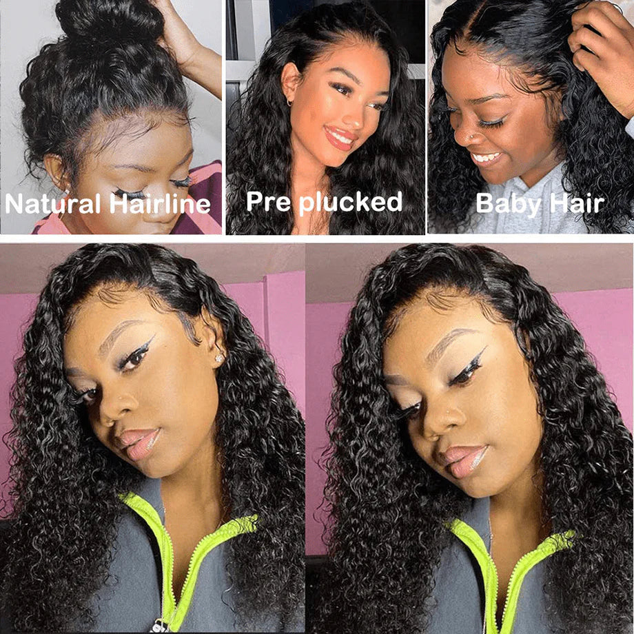 Lace Frontal Wigs 13x4 Water Wave Human Hair Wigs 250% 180% Density #1B Natural Color