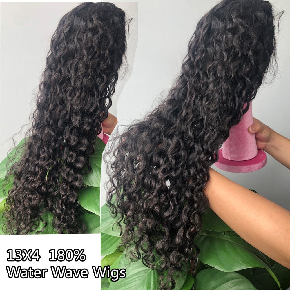 Lace Frontal Wigs 13x4 Water Wave Human Hair Wigs 250% 180% Density #1B Natural Color