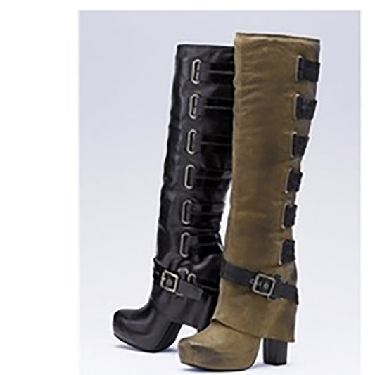 Platform High Heel High Boots With Solid Color Belt Buckle