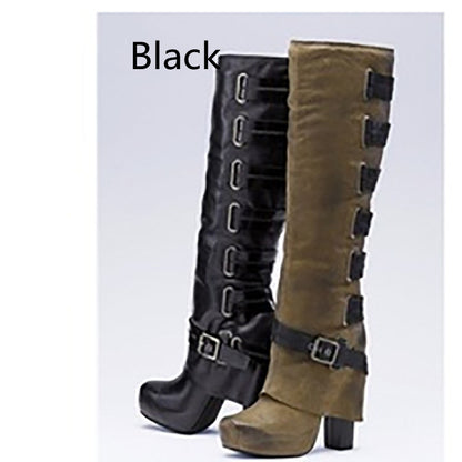 Platform High Heel High Boots With Solid Color Belt Buckle