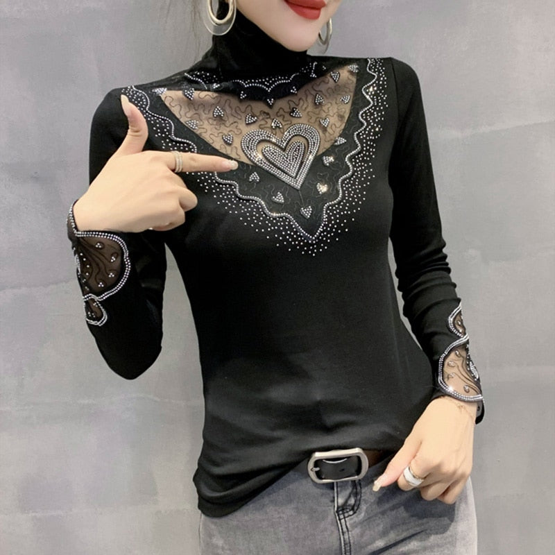 New 2022  T-Shirt Fashion Casual Turtleneck Diamond Woman