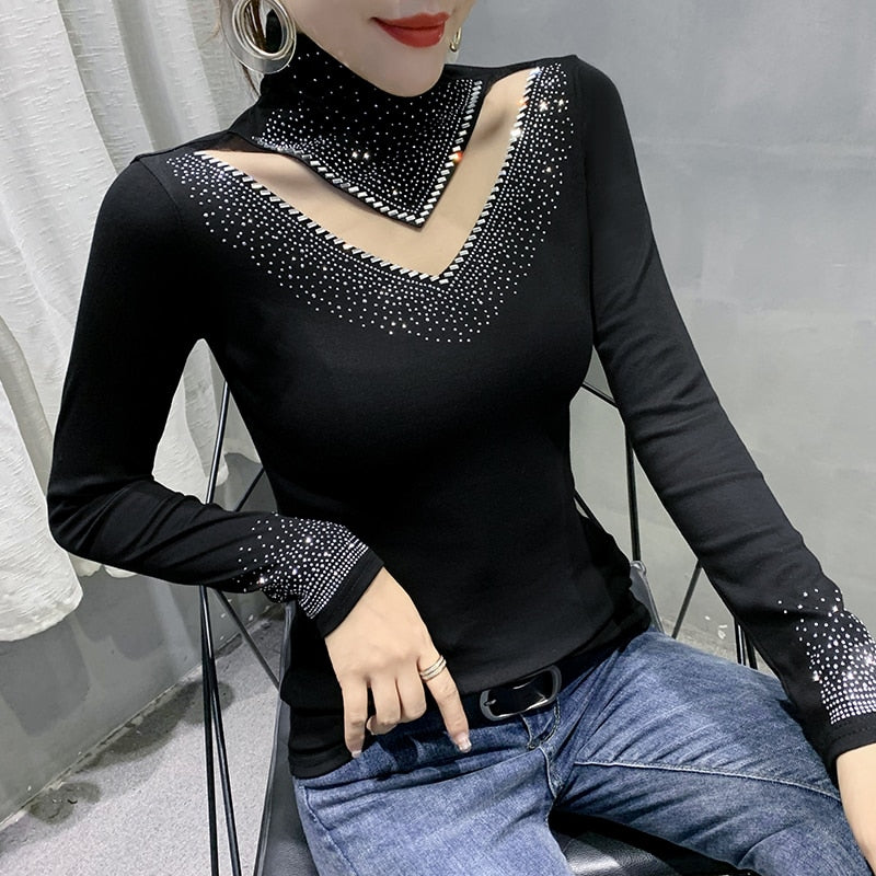 New 2022  T-Shirt Fashion Casual Turtleneck Diamond Woman