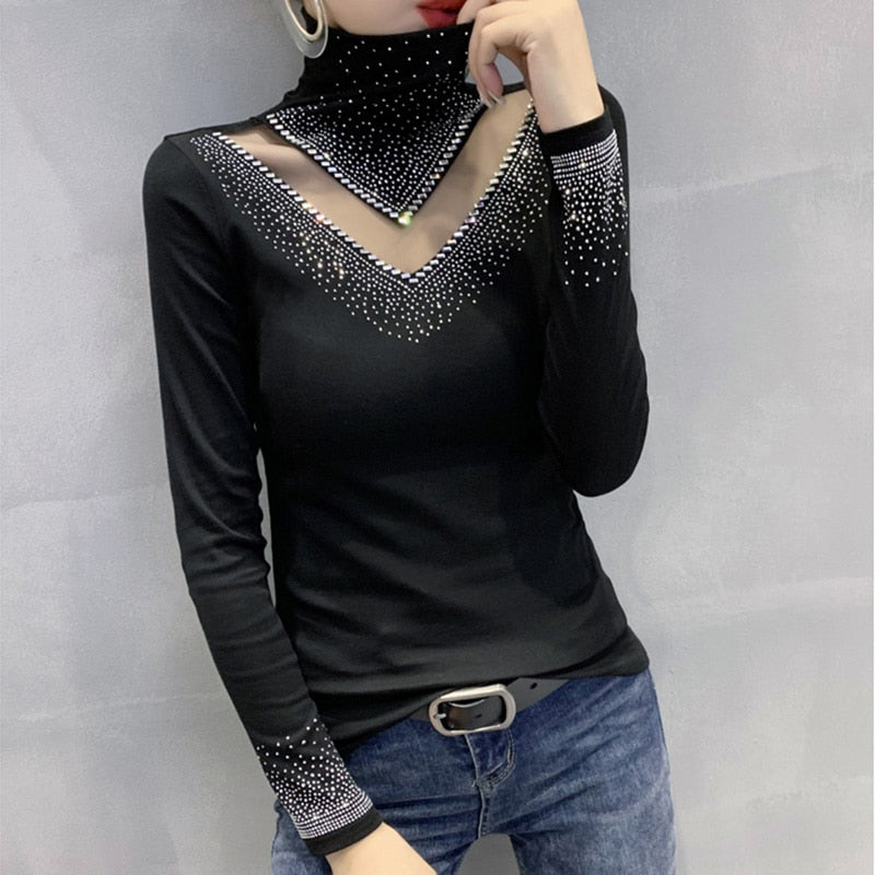 New 2022  T-Shirt Fashion Casual Turtleneck Diamond Woman