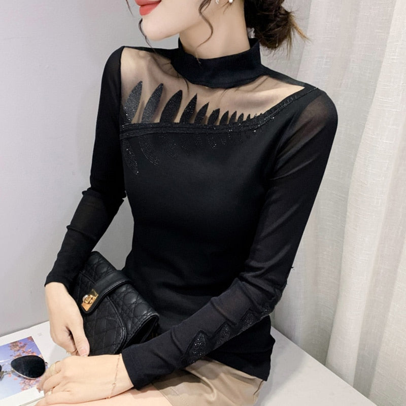 New 2022  T-Shirt Fashion Casual Turtleneck Diamond Woman