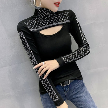 New 2022  T-Shirt Fashion Casual Turtleneck Diamond Woman