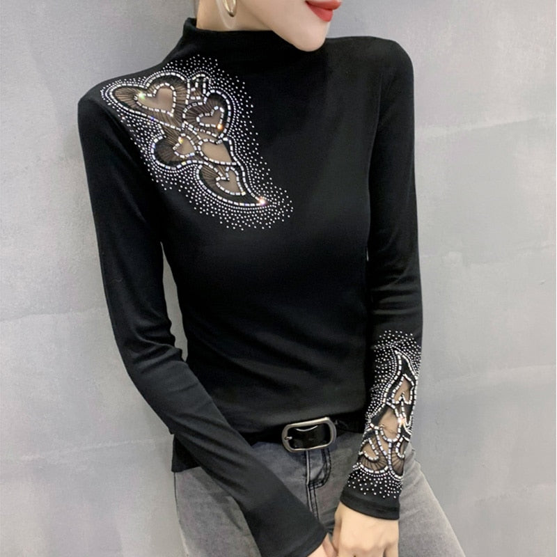 New 2022  T-Shirt Fashion Casual Turtleneck Diamond Woman