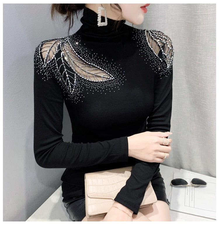 New 2022  T-Shirt Fashion Casual Turtleneck Diamond Woman