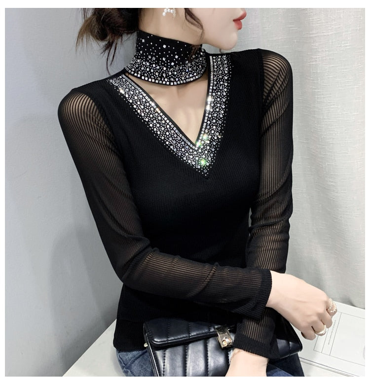 New 2022  T-Shirt Fashion Casual Turtleneck Diamond Woman