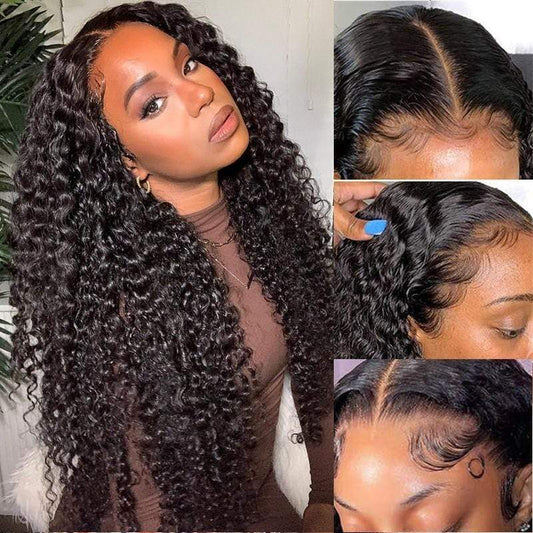 QueenHair 13x4 Human Hair Wig Deep Wave Lace Frontal Wigs 150% 180% Density #1B Natural Color